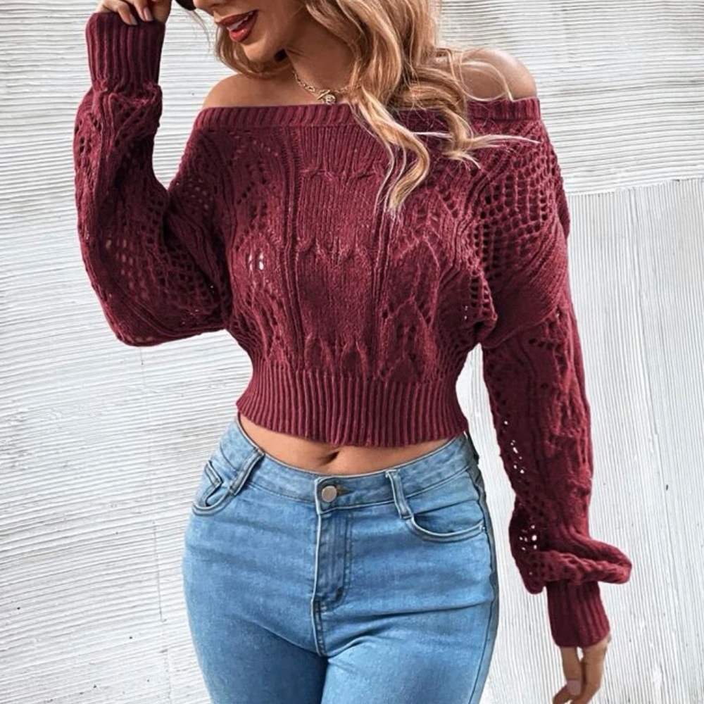 Off The Shoulder Pointelle Knit Crop Sweater - Picture 2 of 7